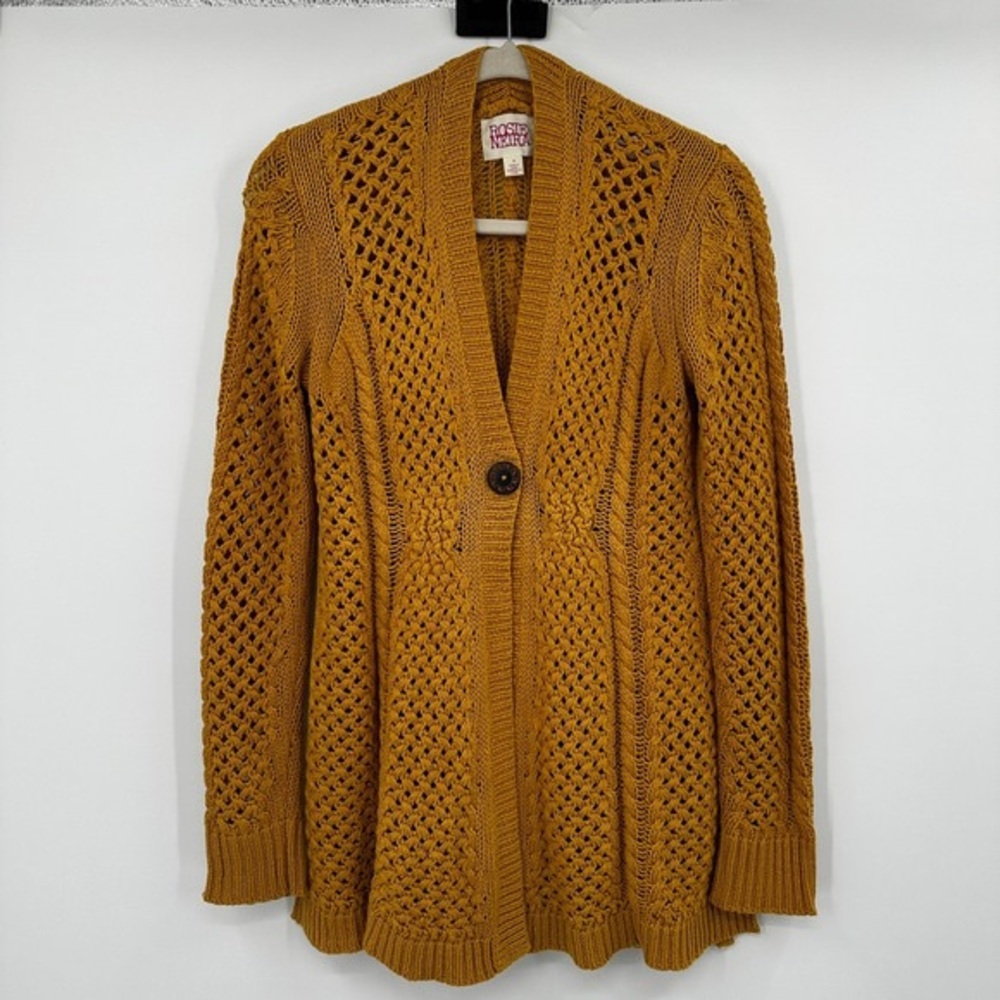 Mustard Open-Knit Button Cardigan Sweater